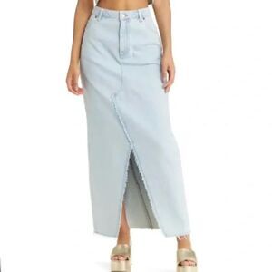 Topshop Light Wash Denim Maxi Skirt – Front Slit, Frayed Hem, Size US 8